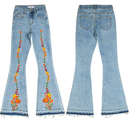 Embroidery Released Hem Flare Jeans Women