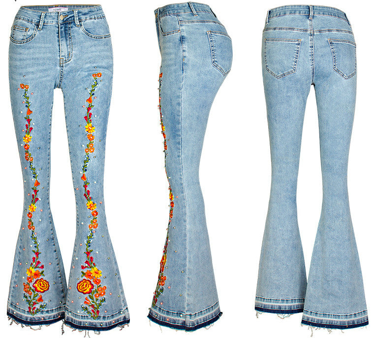 Embroidery Released Hem Flare Jeans Women