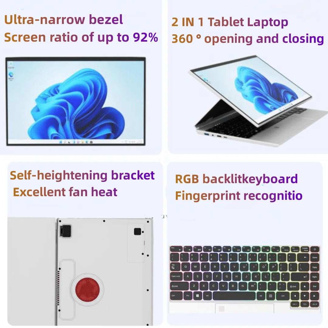 LateurGo 14 Inch YOGA Touch Screen Tablet Laptop with RGB Keyboard and Intel Celeron N95