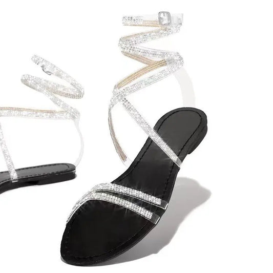 LateurGo New Rhinestone Women's Sandals with Flat Sole and Large Size Winding Belt