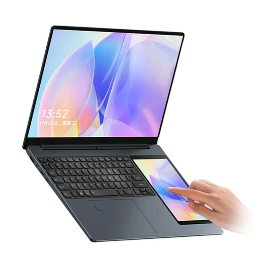 LateurGo CRELANDER 15.6" IPS 7" Touch Screen Notebook with Intel N100, DDR4 16GB, RGB Keyboard, and Dual Screens