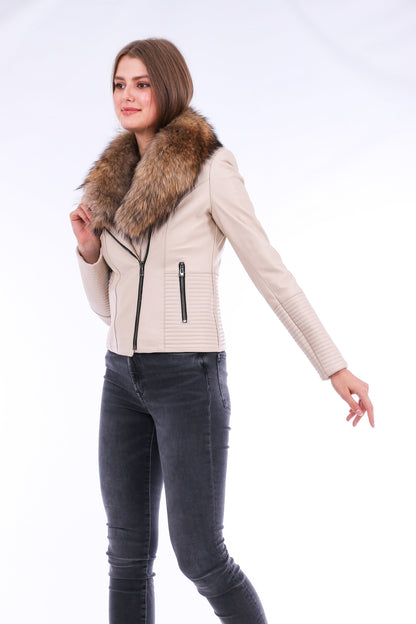 Stylish White Ravenna Leather Biker Jacket | LateurGo