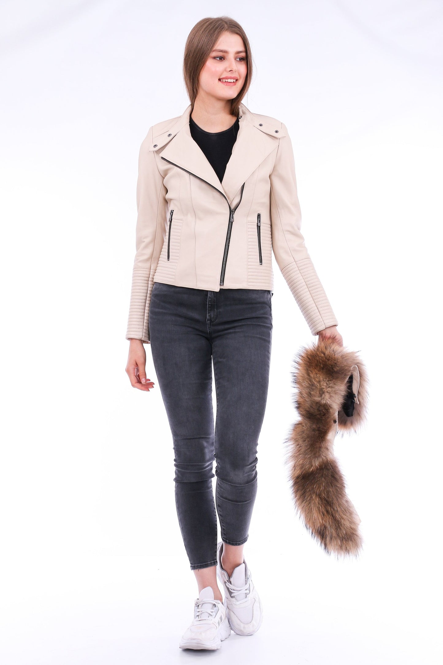 Stylish White Ravenna Leather Biker Jacket | LateurGo