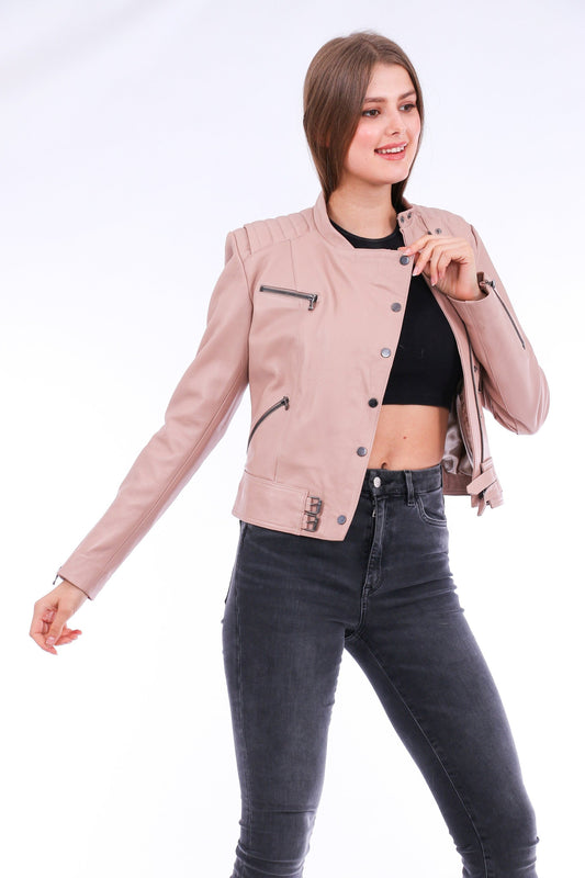 Rovigo Pink Leather Biker Jacket | Trendy Outerwear
