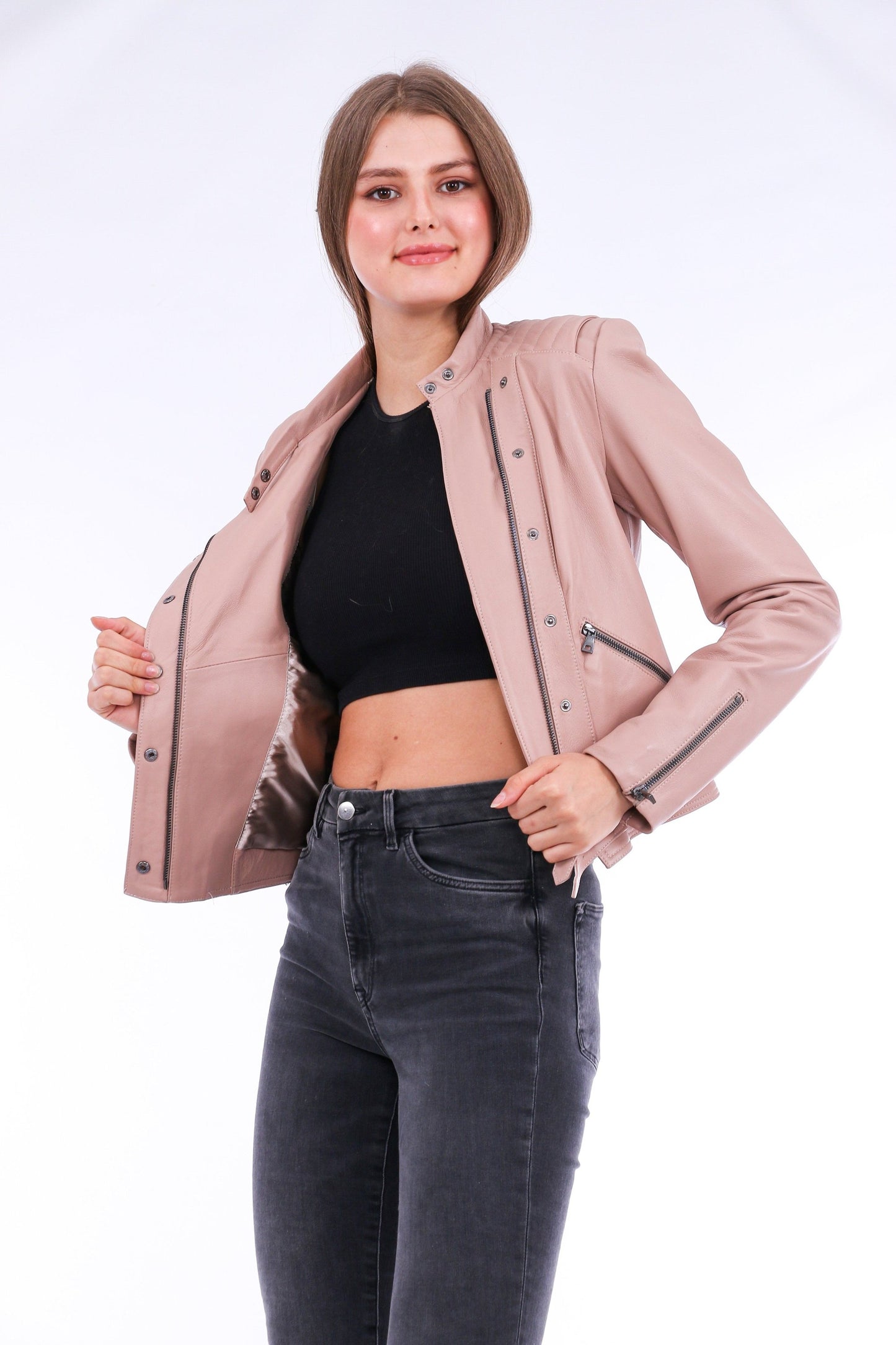Rovigo Pink Leather Biker Jacket | Trendy Outerwear