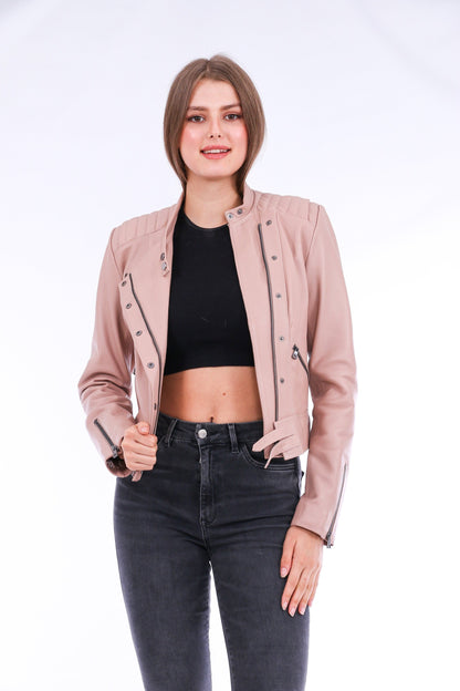 Rovigo Pink Leather Biker Jacket | Trendy Outerwear