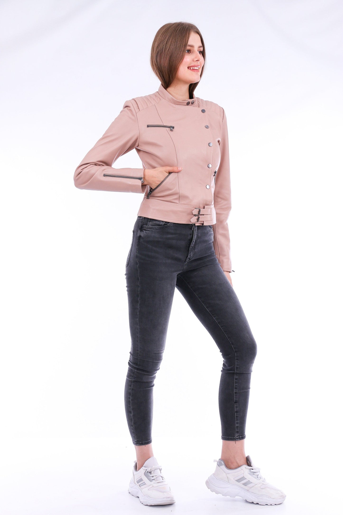 Rovigo Pink Leather Biker Jacket | Trendy Outerwear