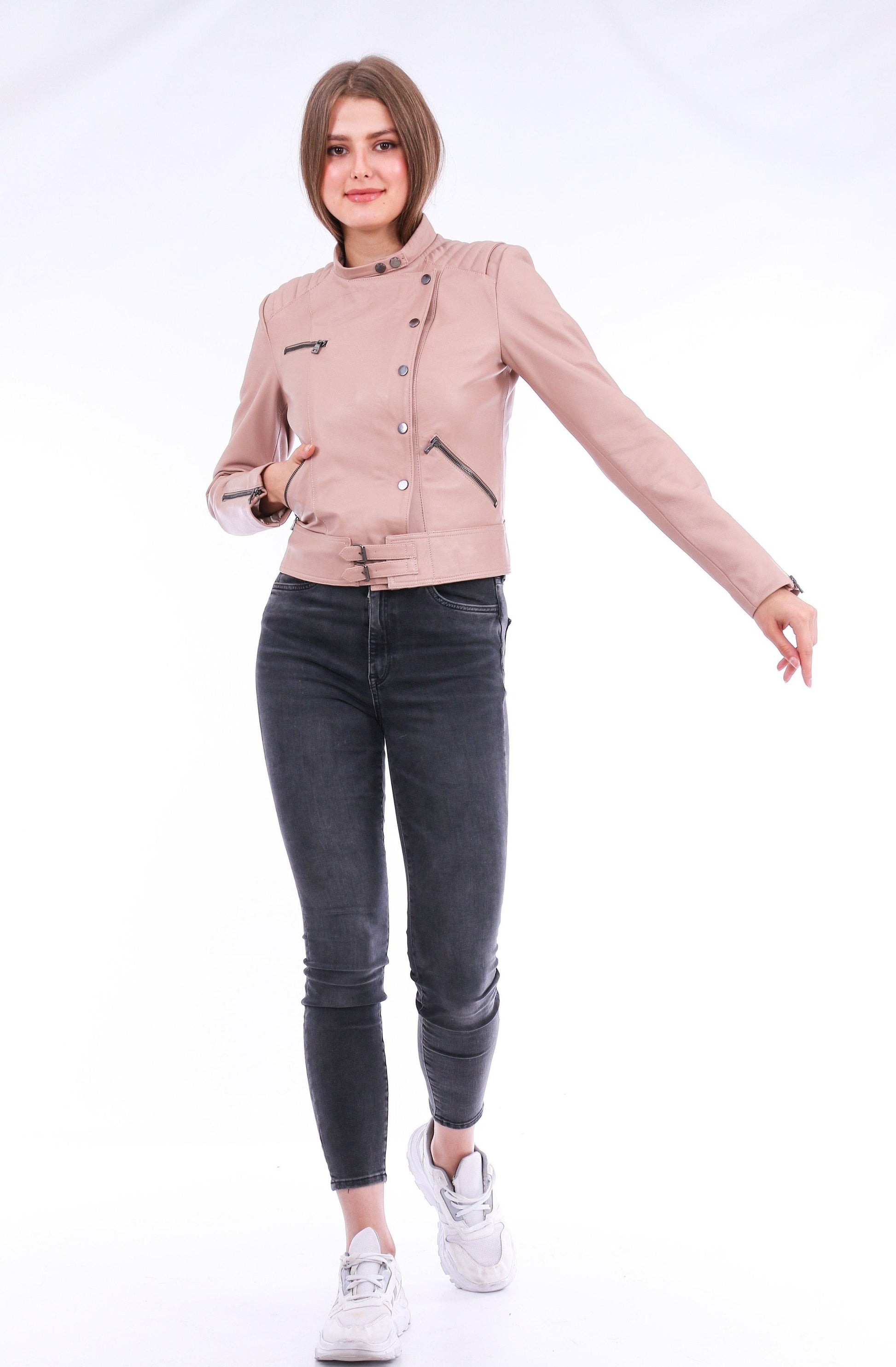 Rovigo Pink Leather Biker Jacket | Trendy Outerwear