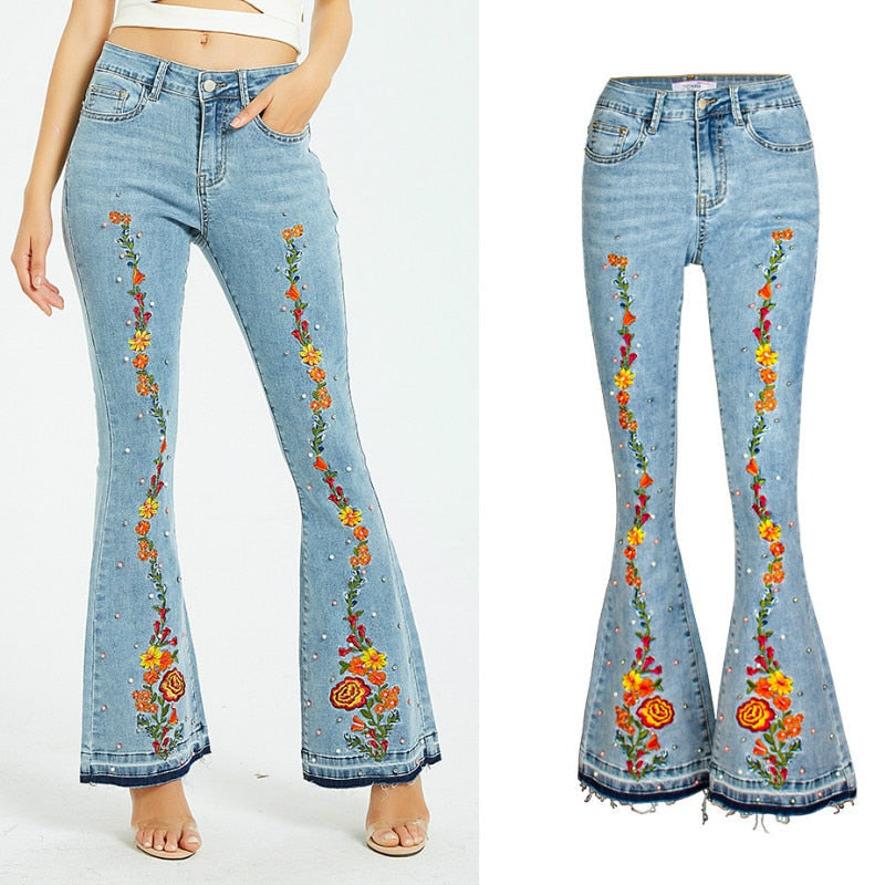 Embroidery Released Hem Flare Jeans Women
