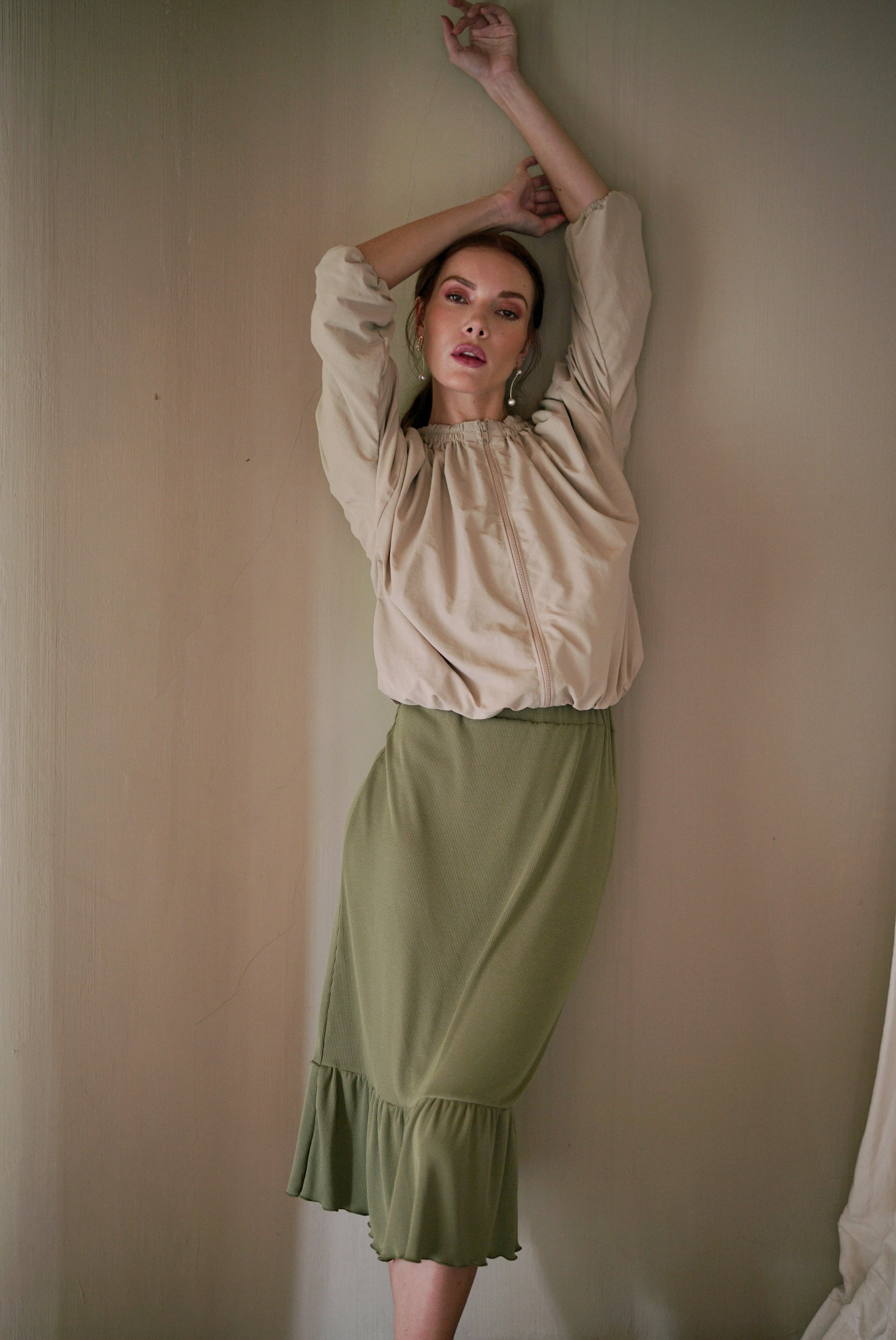Jackets | Recycled Ruffle Jacket in Beige | LateurGo