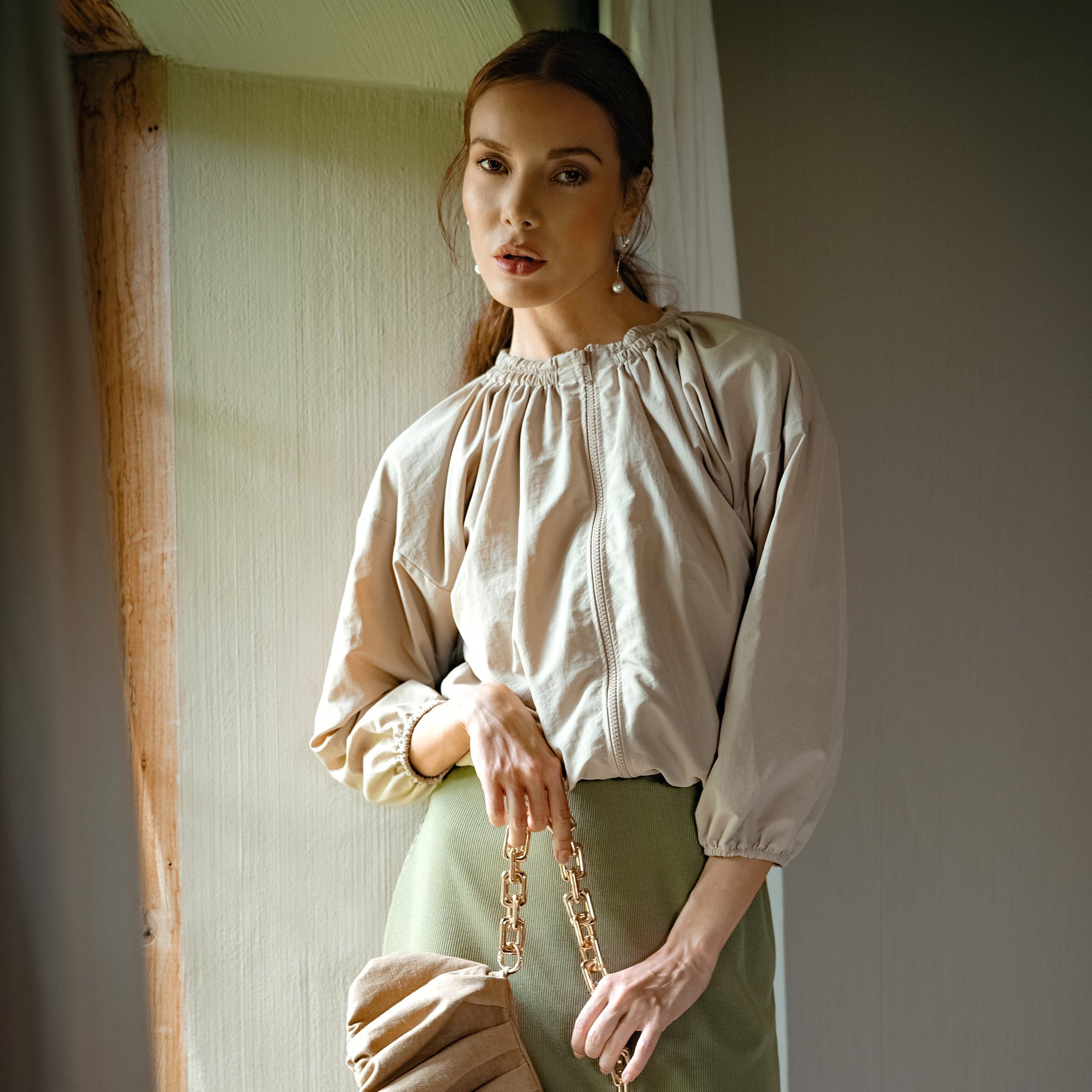 Jackets | Recycled Ruffle Jacket in Beige | LateurGo