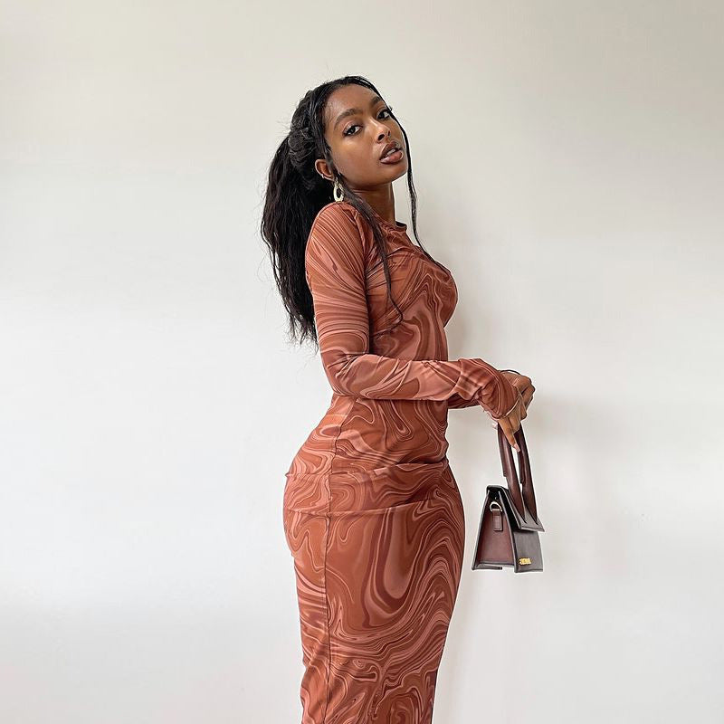 Printed Round-neck Bodycon Dress | Medium Length