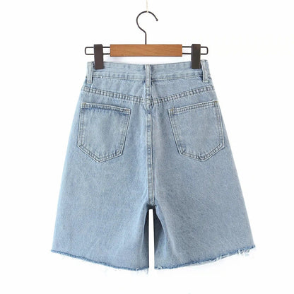 LateurGo High-waist Embroidery Love Loose and Thin Wide-leg Jeans Shorts Women