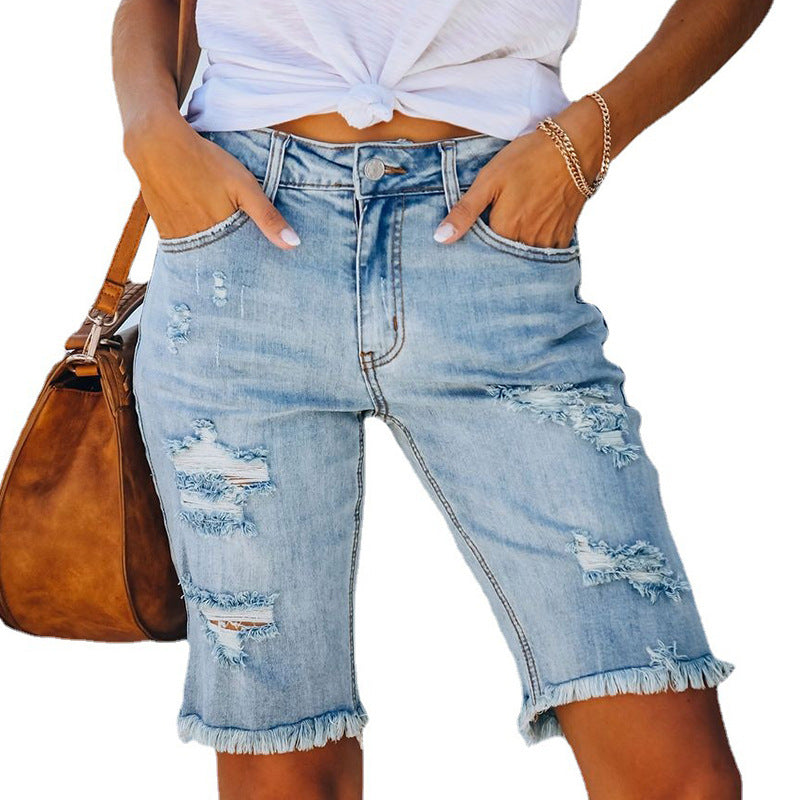 Fringed Mid-Waist Cropped Ripped Jeans - High Elasticity