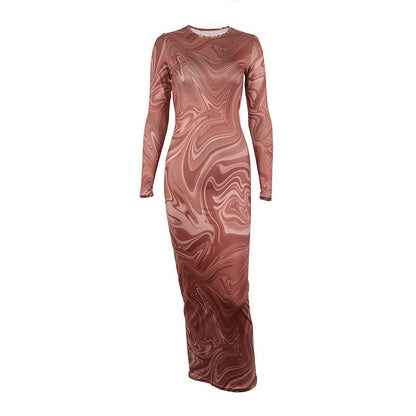 Printed Round-neck Bodycon Dress | Medium Length