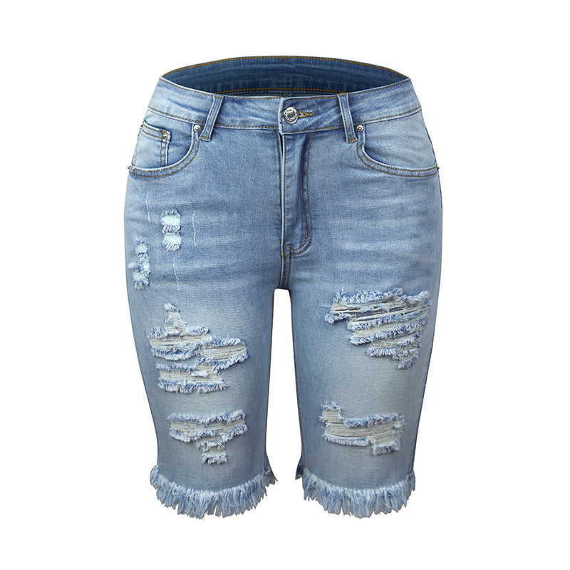 Fringed Mid-Waist Cropped Ripped Jeans - High Elasticity