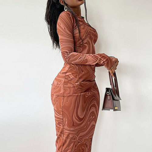 Printed Round-neck Bodycon Dress | Medium Length
