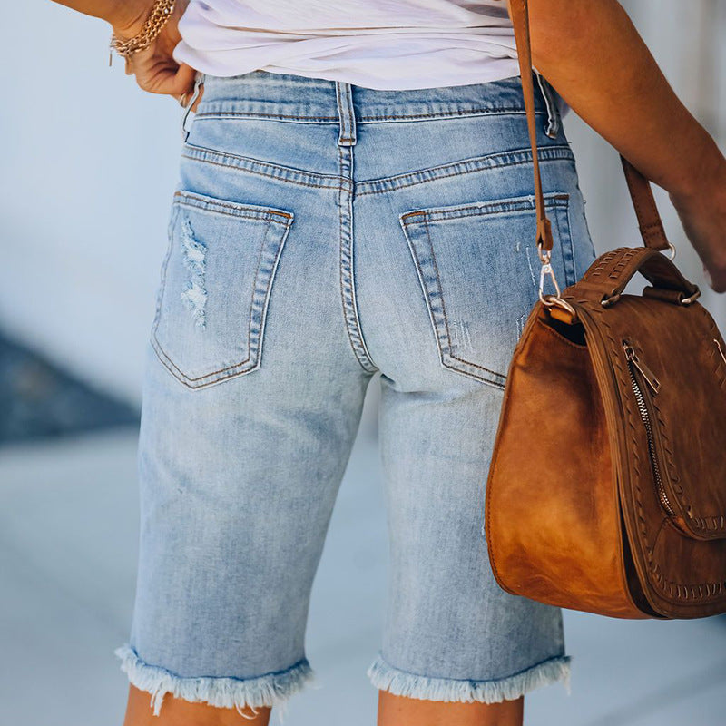 Fringed Mid-Waist Cropped Ripped Jeans - High Elasticity