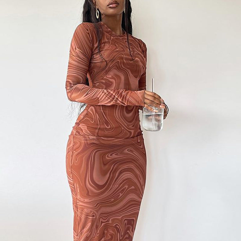 Printed Round-neck Bodycon Dress | Medium Length