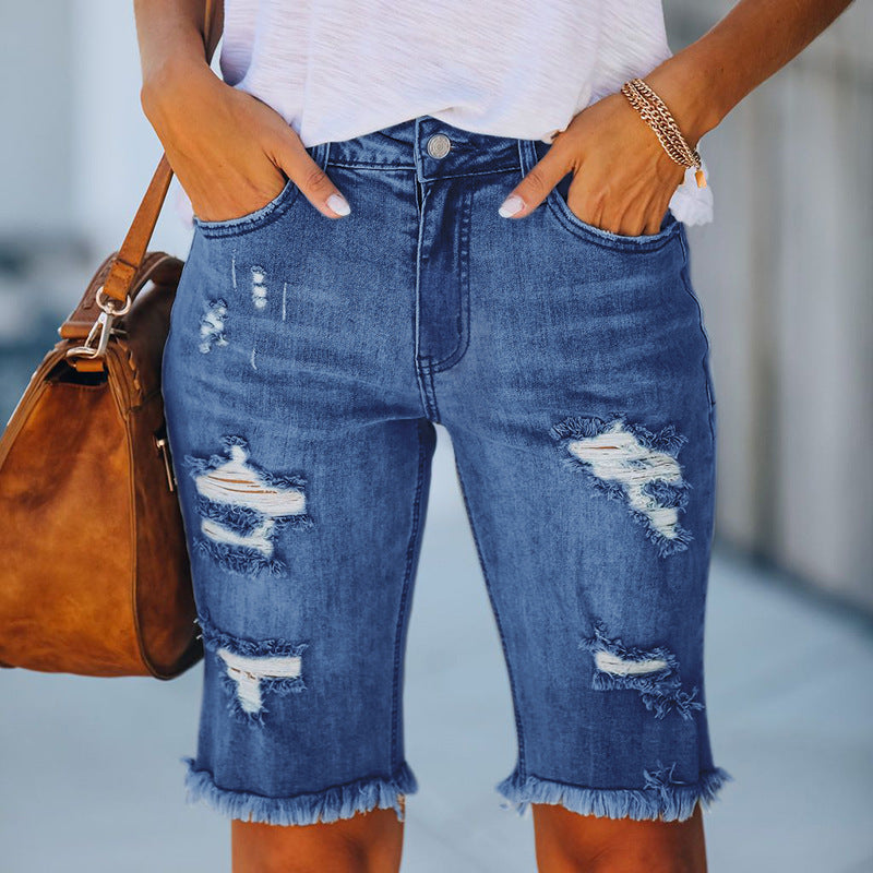 Fringed Mid-Waist Cropped Ripped Jeans - High Elasticity