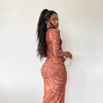 Printed Round-neck Bodycon Dress | Medium Length