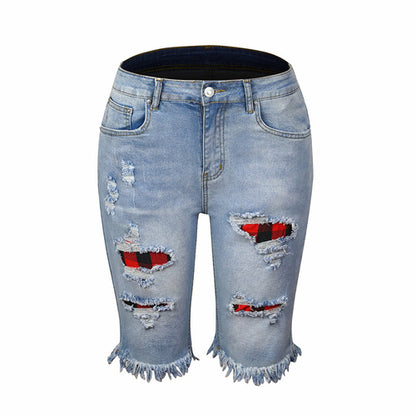 Fringed Mid-Waist Cropped Ripped Jeans - High Elasticity