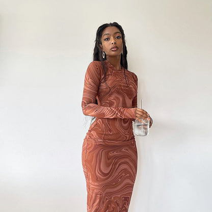 Printed Round-neck Bodycon Dress | Medium Length