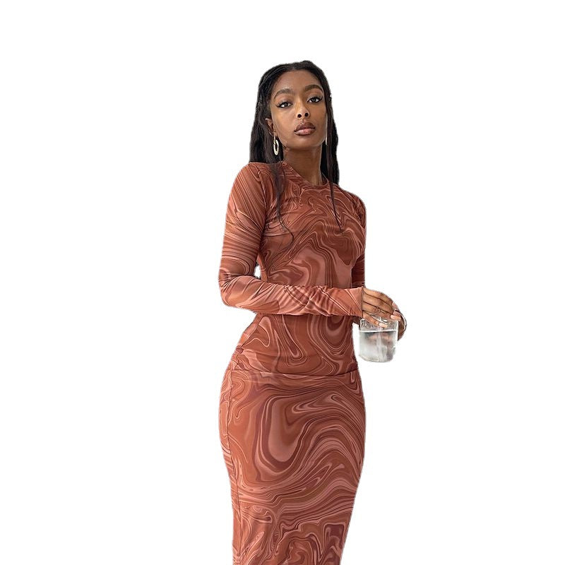 Printed Round-neck Bodycon Dress | Medium Length