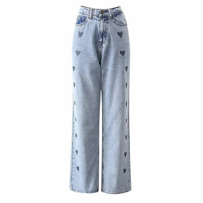 Love Heart Straight Loose Denim Jeans Pants