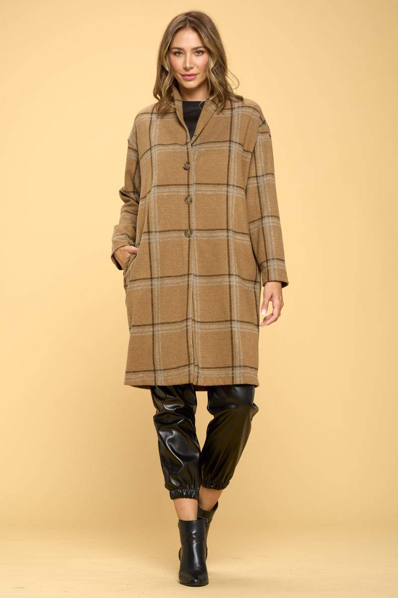 Coats & Vests | Plaid Coat with Button and Pocket