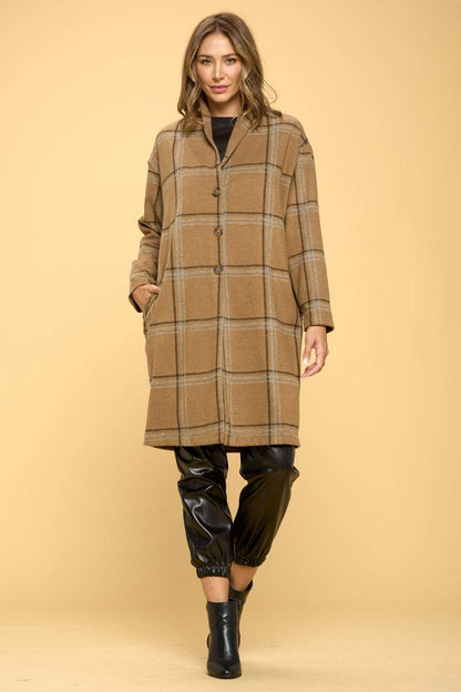 Coats & Vests | Plaid Coat with Button and Pocket