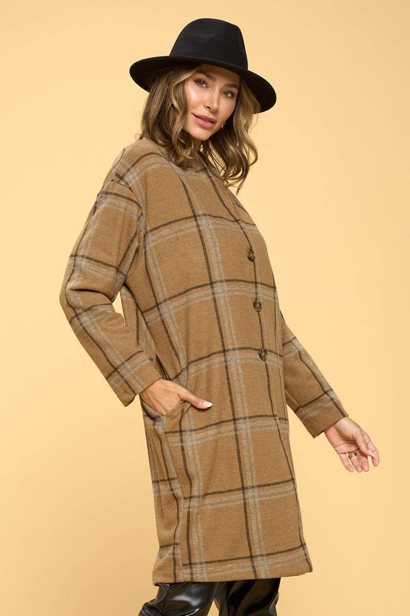 Coats & Vests | Plaid Coat with Button and Pocket