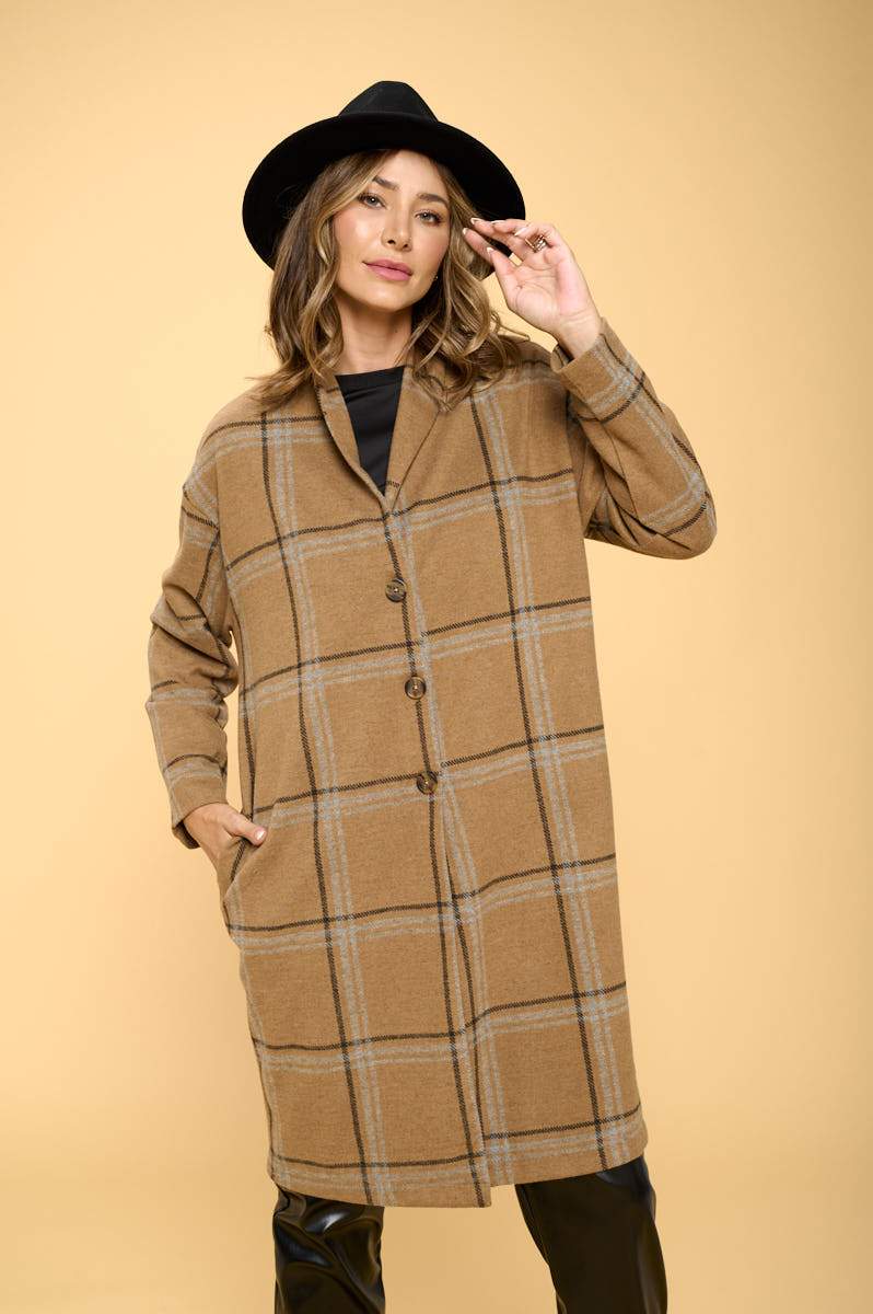 Coats & Vests | Plaid Coat with Button and Pocket