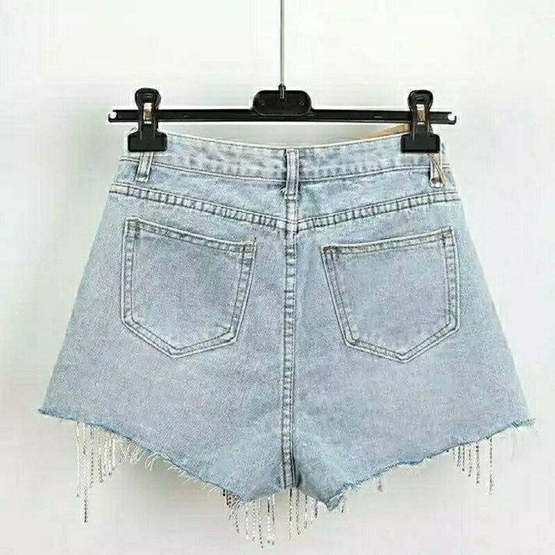 High Waist Ripped Jeans Shorts | Diamond Tassel Y2K
