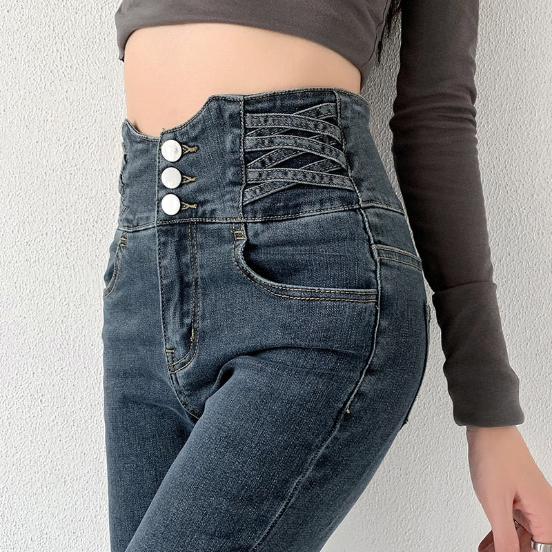 Vintage High Waist Design Skinny Pencil Jeans