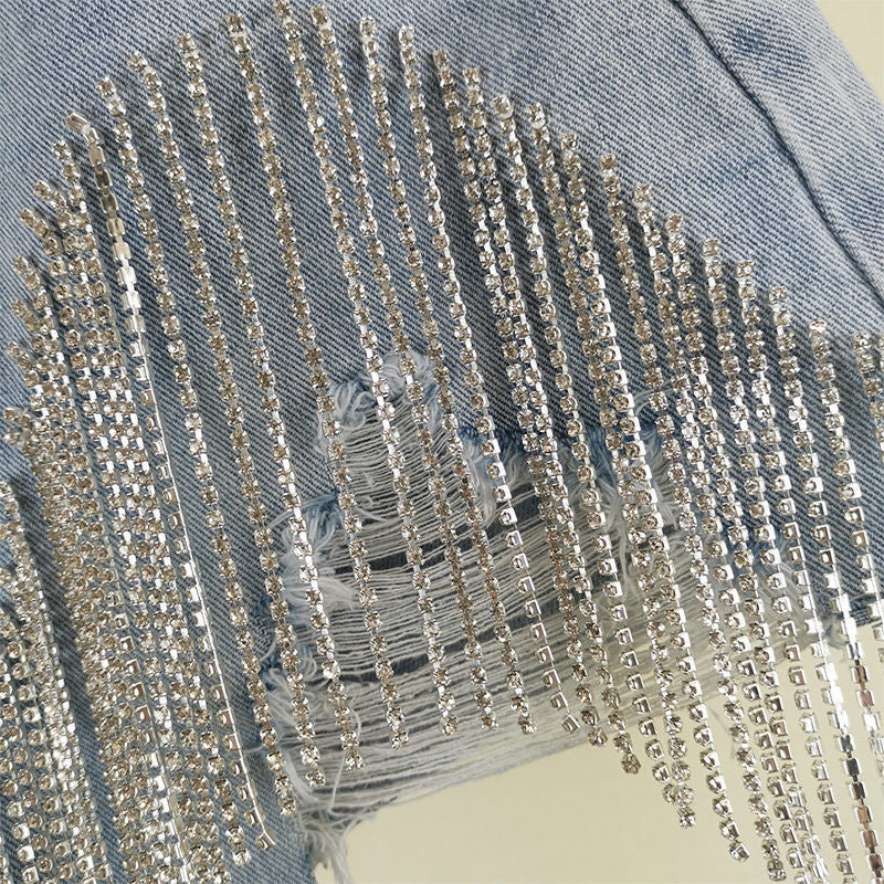 High Waist Ripped Jeans Shorts | Diamond Tassel Y2K