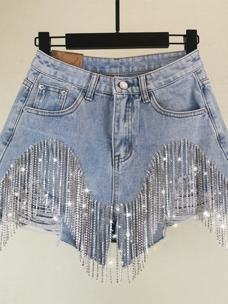 High Waist Ripped Jeans Shorts | Diamond Tassel Y2K