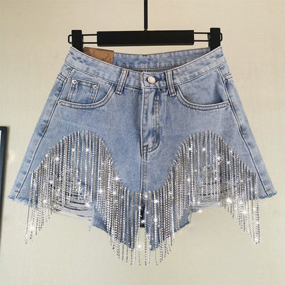 High Waist Ripped Jeans Shorts | Diamond Tassel Y2K