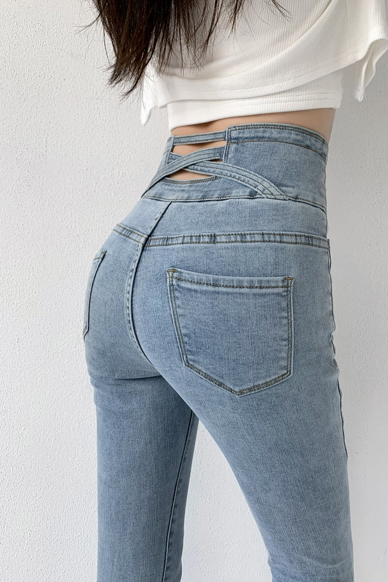Vintage High Waist Design Skinny Pencil Jeans