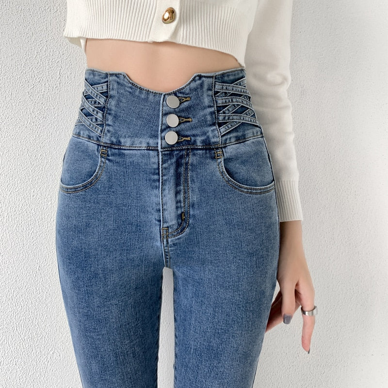 Vintage High Waist Design Skinny Pencil Jeans