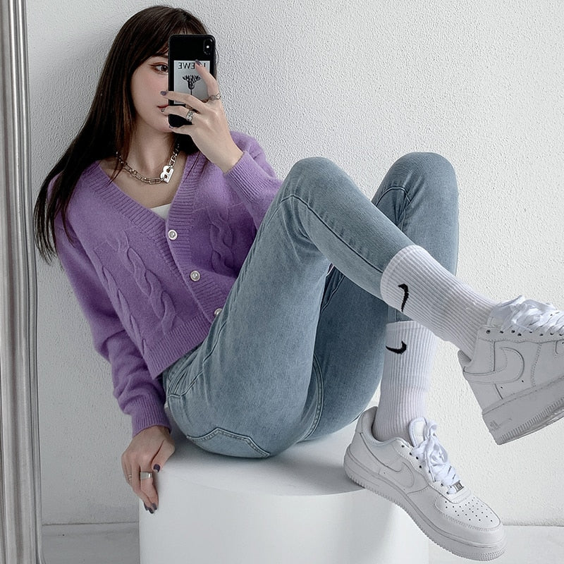 Vintage High Waist Design Skinny Pencil Jeans