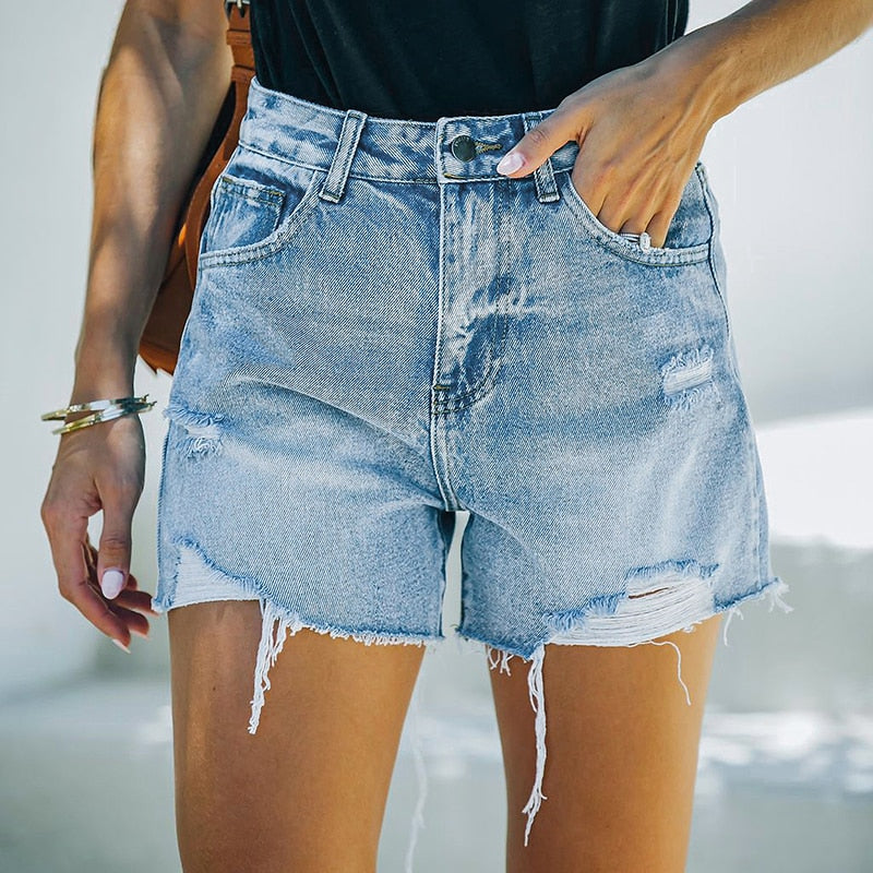 High waisted ripped blue denim shorts for a trendy and casual look by LateurGo 