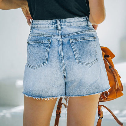 High waisted ripped blue denim shorts for a trendy and casual look by LateurGo 