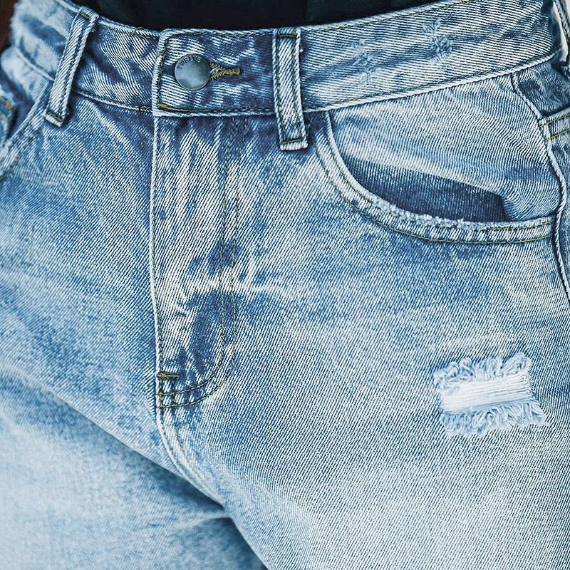 High waisted ripped blue denim shorts for a trendy and casual look by LateurGo 