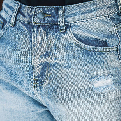High waisted ripped blue denim shorts for a trendy and casual look by LateurGo 
