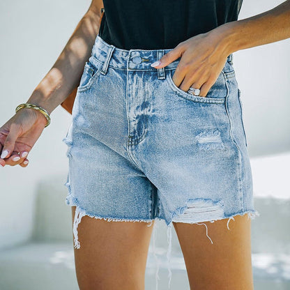 High waisted ripped blue denim shorts for a trendy and casual look by LateurGo 
