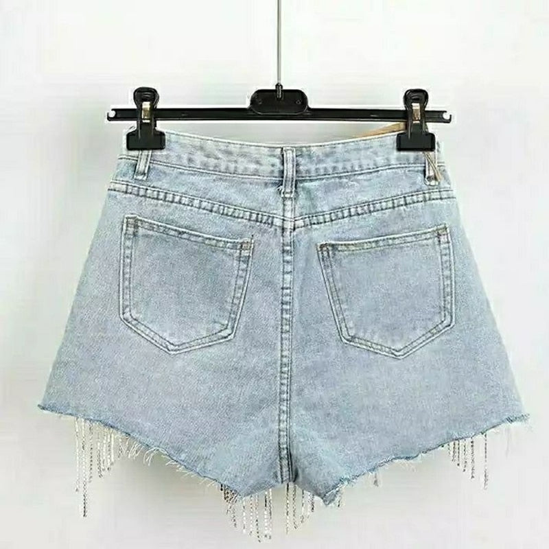 High Waist Ripped Jeans Shorts | Diamond Tassel Y2K