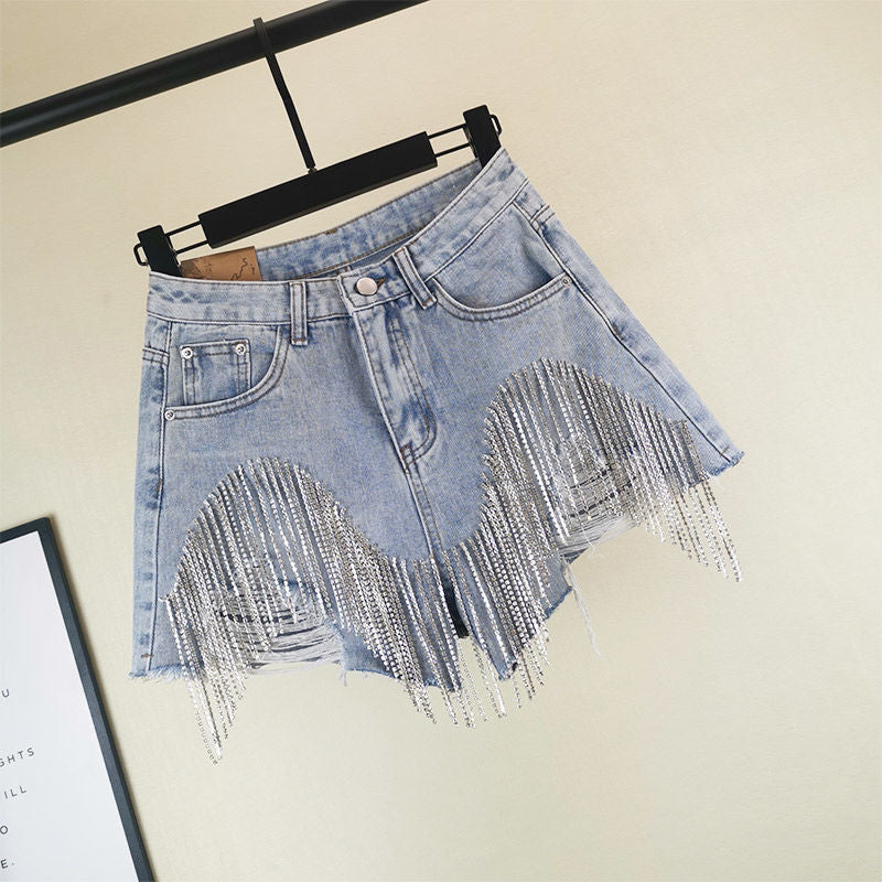 High Waist Ripped Jeans Shorts | Diamond Tassel Y2K