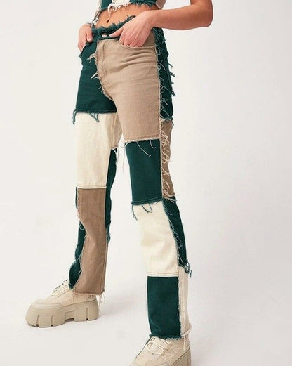 LateurGo Trendy Women's Patchwork Jeans High Waist Slim Fit Denim Pants