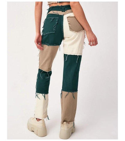 LateurGo Trendy Women's Patchwork Jeans High Waist Slim Fit Denim Pants